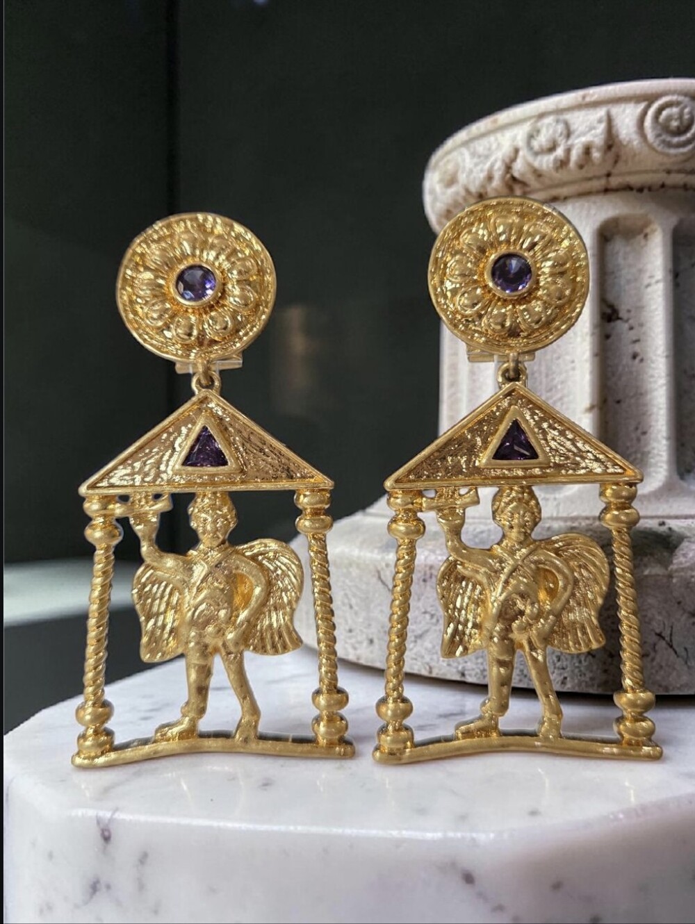 18k Gold Plated Roman Pantheon Cherub Amethyst Crystal Oversized Dangle Earrings